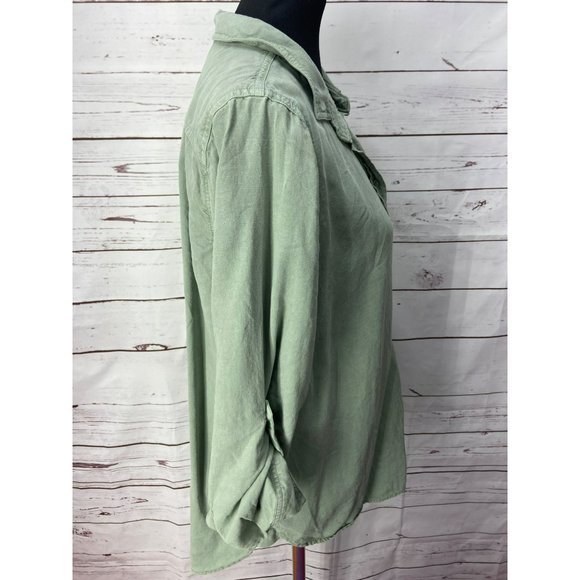 Side Stitch Olive Green‎ Size Petite Medium Button Up Adjustable Sleeve Blouse - Picture 2 of 7